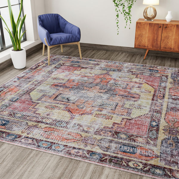 Zahara Oasis Collection Area Rug -  Rabat Square Yellow Pink  lifestyle 83