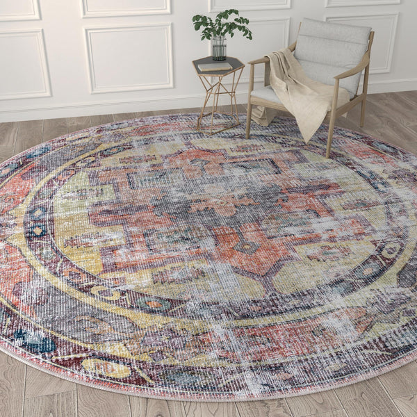 Zahara Oasis Collection Area Rug -  Rabat Round Yellow Pink  lifestyle 84