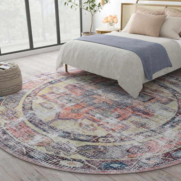 Zahara Oasis Collection Area Rug -  Rabat Round Yellow Pink  lifestyle 93