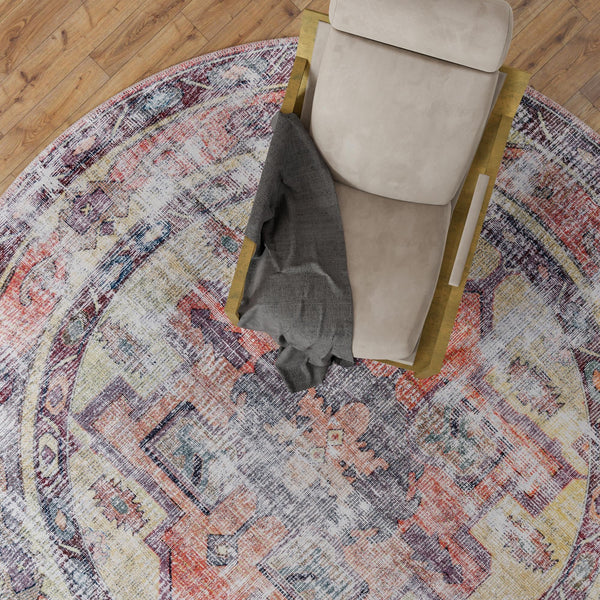 Zahara Oasis Collection Area Rug -  Rabat Round Yellow Pink  lifestyle 96