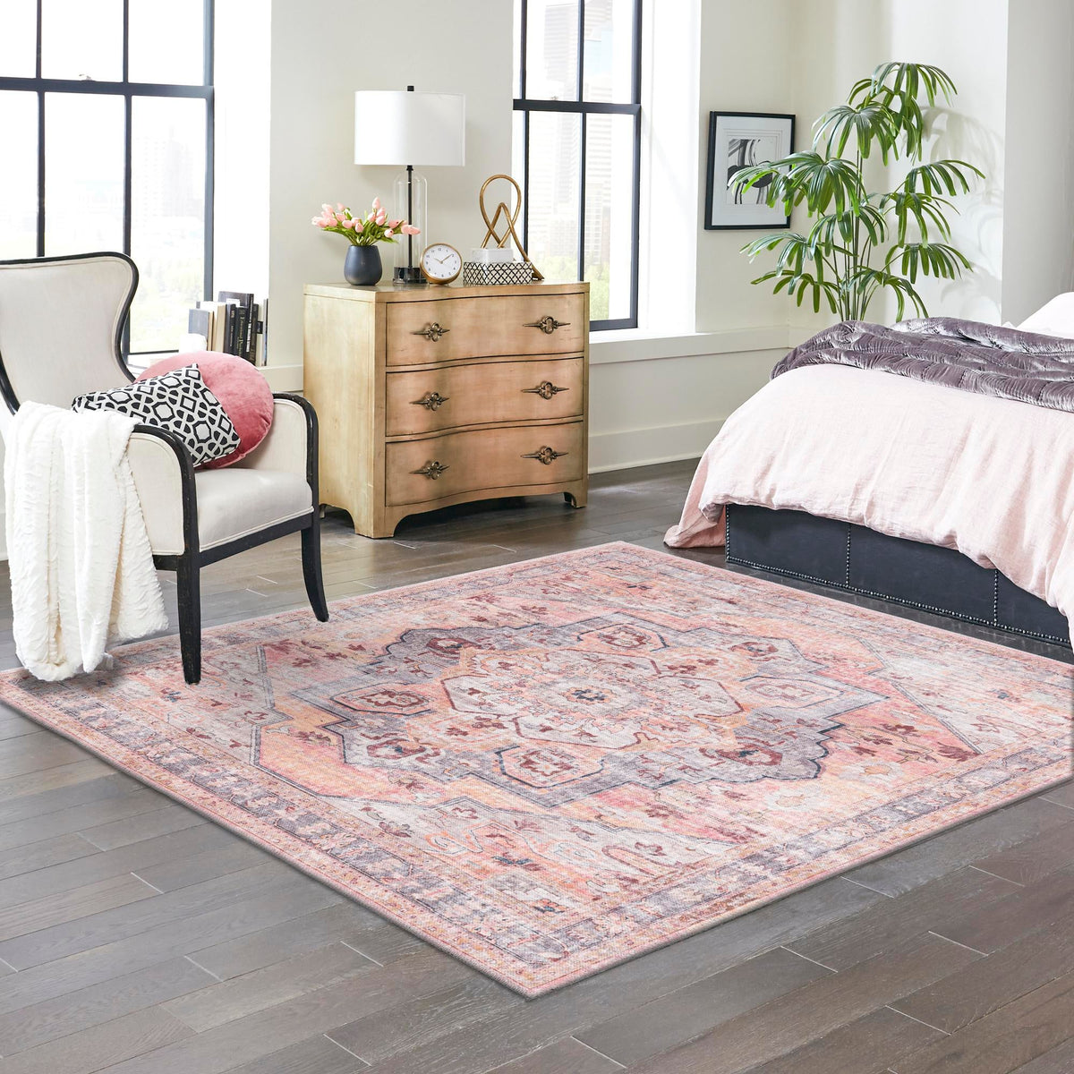 Aurora Waves Collection Area Rug -  Akureyri Square Apricot and pink  lifestyle 55