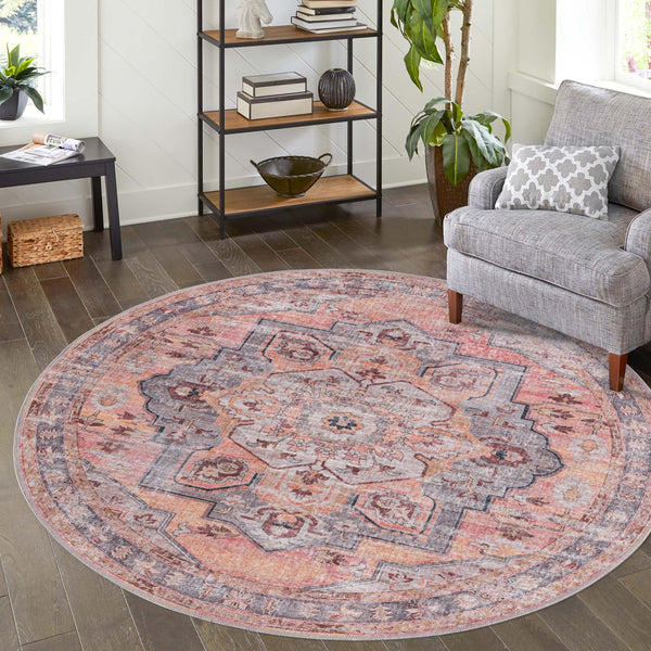 Aurora Waves Collection Area Rug -  Akureyri Round Apricot and pink  lifestyle 54