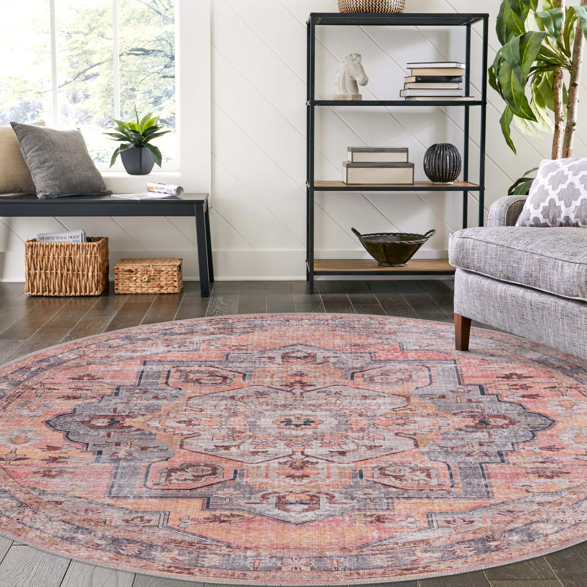 Aurora Waves Collection Area Rug -  Akureyri Round Apricot and pink  lifestyle 56