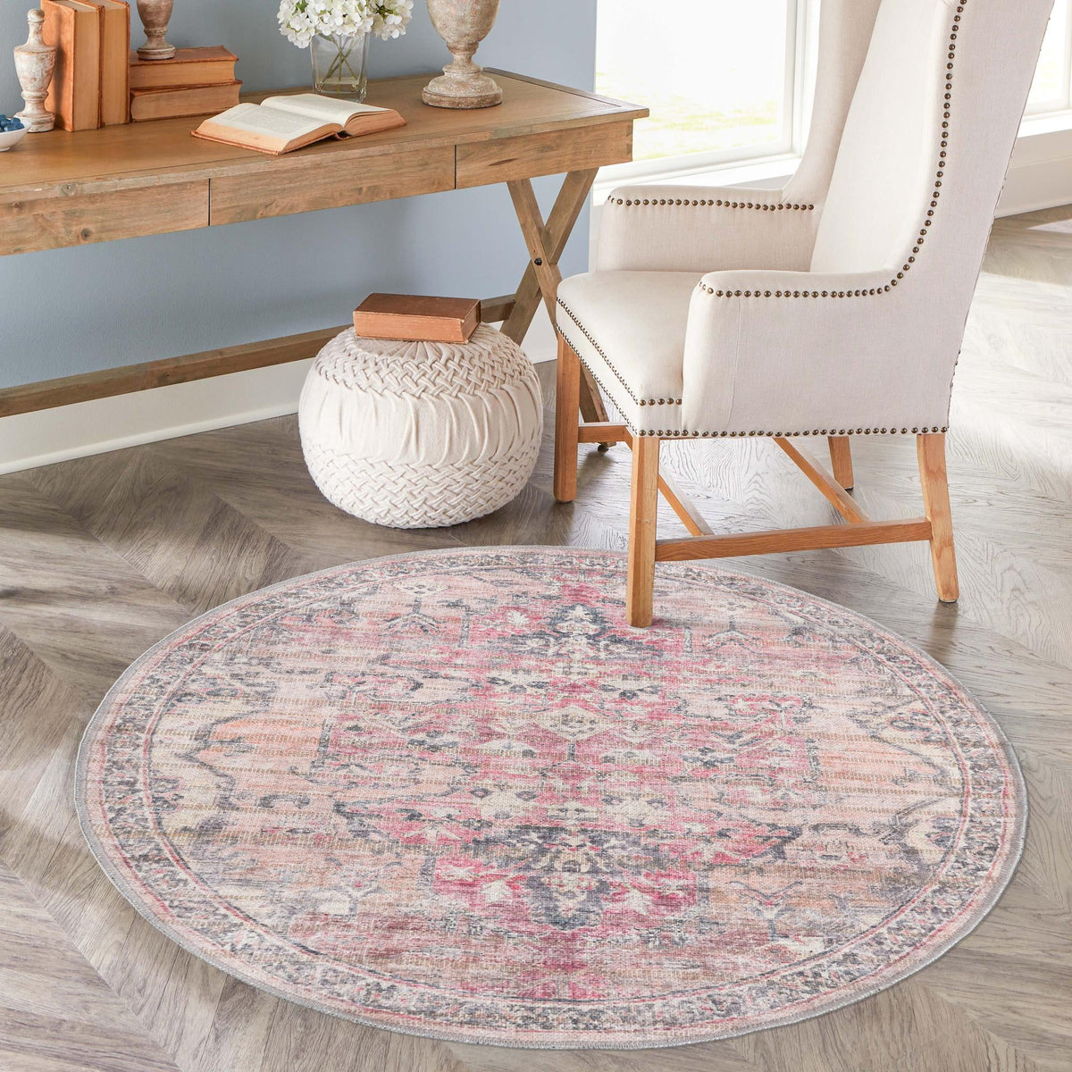 Vintage Memories Collection Area Rug - Heirloom Round Beige pink  lifestyle 84
