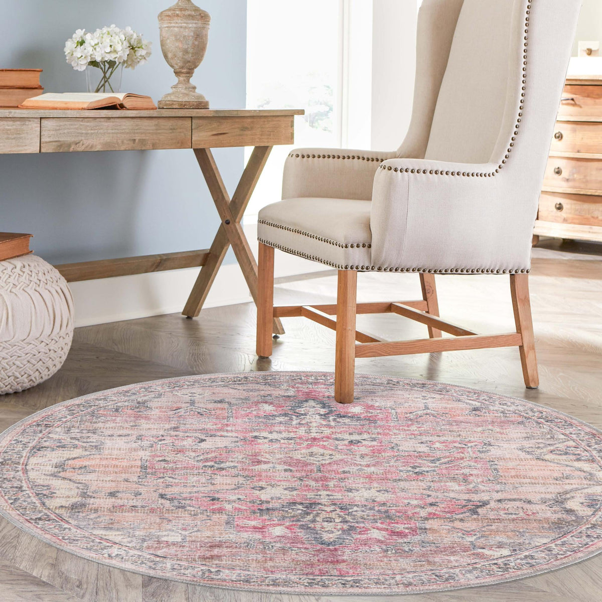 Vintage Memories Collection Area Rug - Heirloom Round Beige pink  lifestyle 88