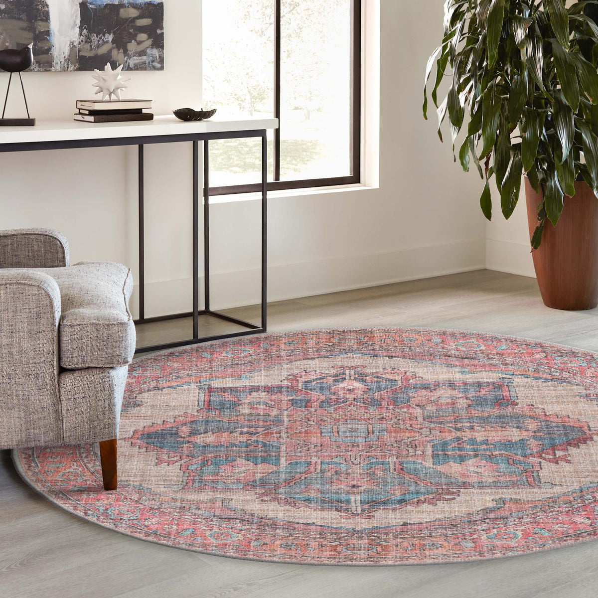Vintage Memories Collection Area Rug -  Reminisce Round Antique Beige  lifestyle 75