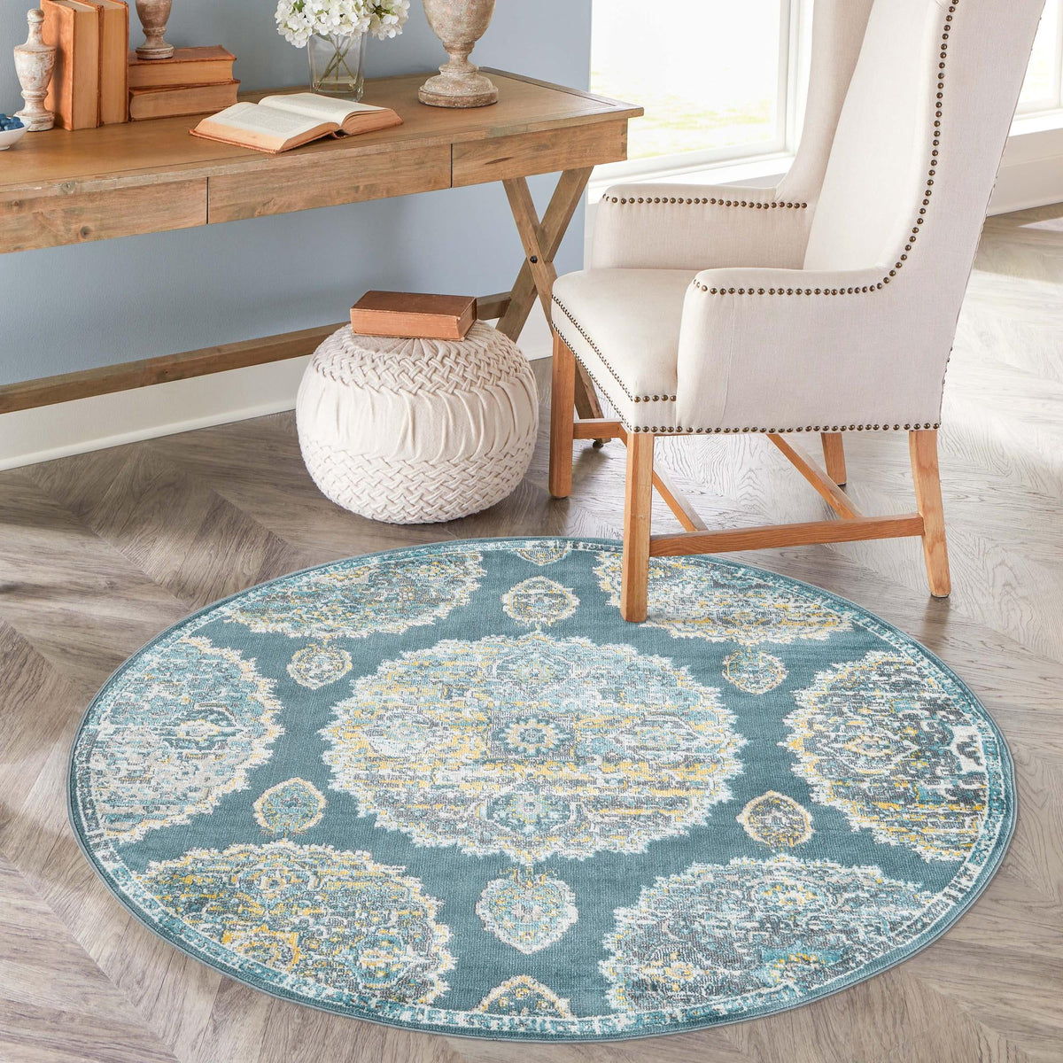 Arcadia Rugs Collection Area Rug -  Atlantis (Gray and Blue) Round Gray and Blue  lifestyle 81