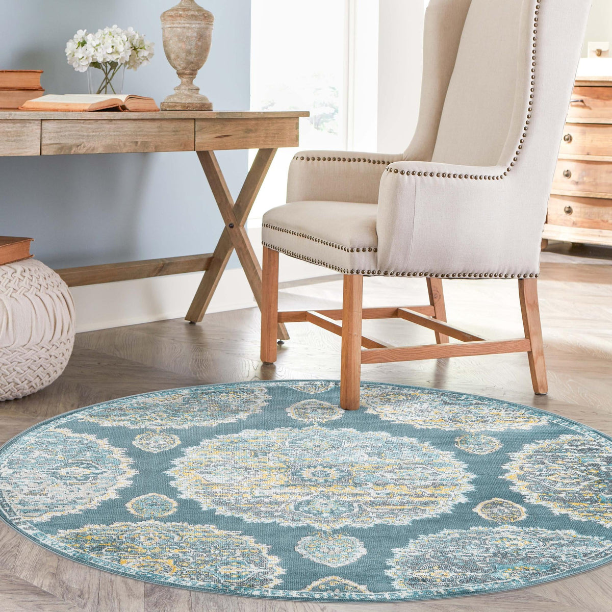 Arcadia Rugs Collection Area Rug -  Atlantis (Gray and Blue) Round Gray and Blue  lifestyle 86