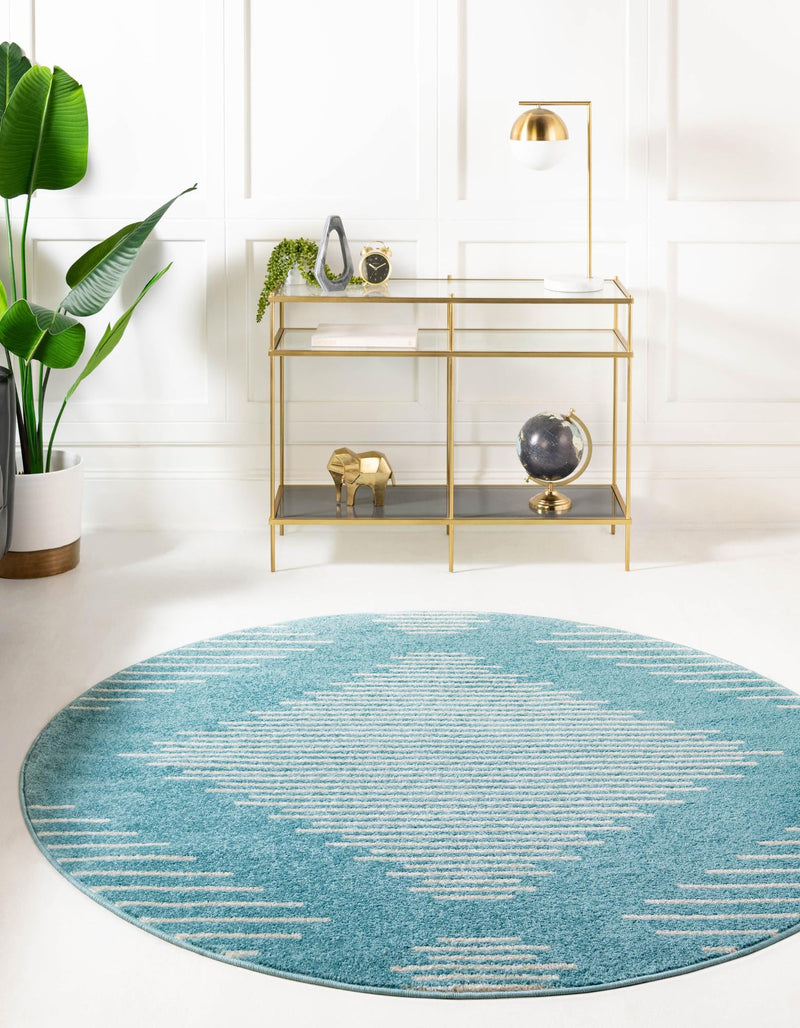 Seychelles Stripes Collection Area Rug - Mahe (Light Blue) Round Light Blue  lifestyle 3