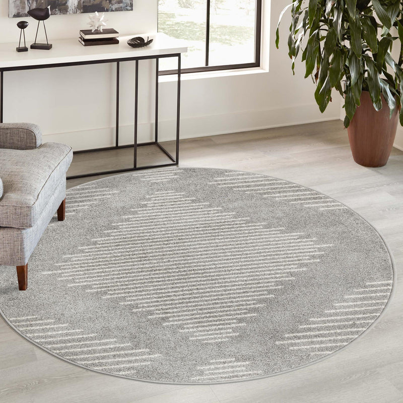 Seychelles Stripes Collection Area Rug - Mahe (Gray and Ivory) Round Gray and Ivory  lifestyle 13