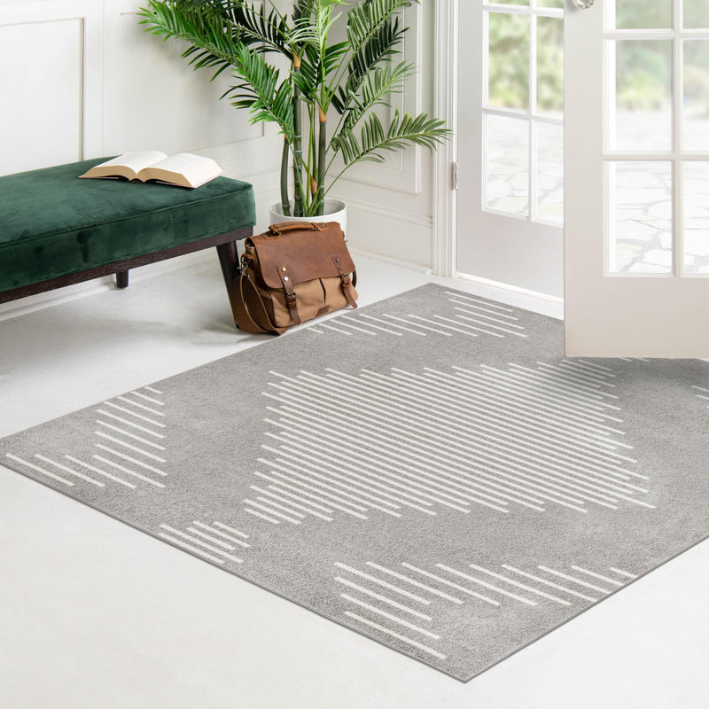 Seychelles Stripes Collection Area Rug - Mahe (Gray and Ivory) Square Gray and Ivory  lifestyle 14