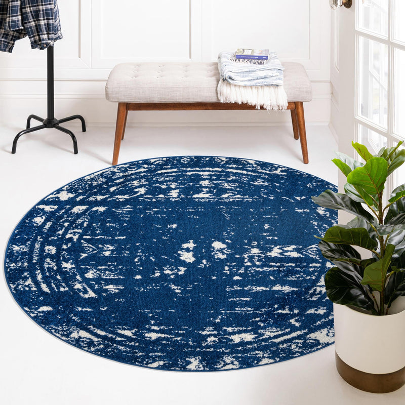 Brighton Stripes Collection Area Rug - Sussex (Navy Blue) Round Navy Blue  lifestyle 13