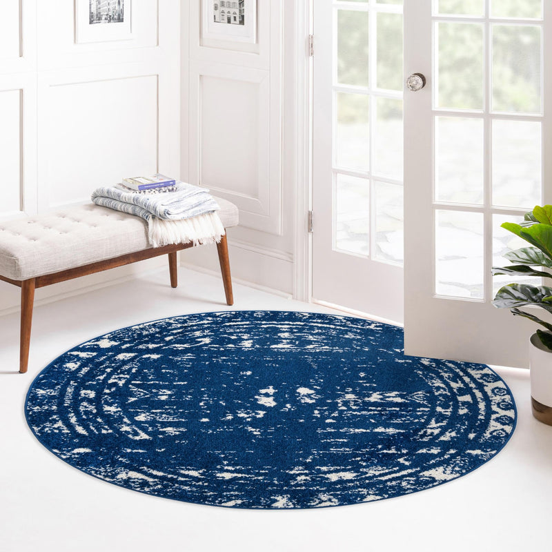 Brighton Stripes Collection Area Rug - Sussex (Navy Blue) Round Navy Blue  lifestyle 14
