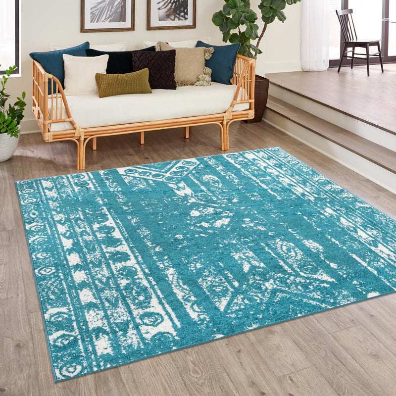 Brighton Stripes Collection Area Rug - Sussex (Turquoise) Square Turquoise  lifestyle 13