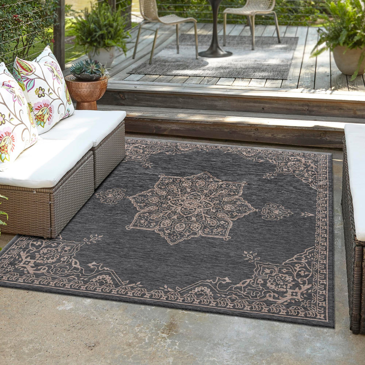 Patio Heritage Collection Area Rug -  Charleston (Charcoal Gray) Square Charcoal Gray  lifestyle 25