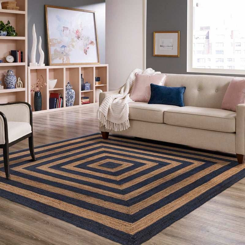 Woven Seaside Jute Collection Area Rug - Nautilus Square Navy Blue Natural  lifestyle 65