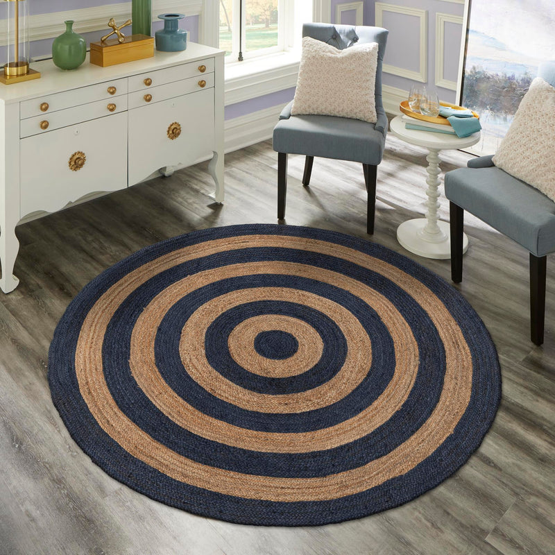 Woven Seaside Jute Collection Area Rug - Nautilus Round Navy Blue Natural  lifestyle 60