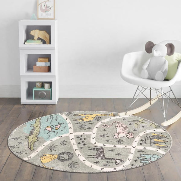 Playful Patterns Collection Area Rug -  Enigma Round Gray  lifestyle 75