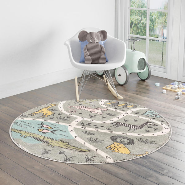 Playful Patterns Collection Area Rug -  Enigma Round Gray  lifestyle 79