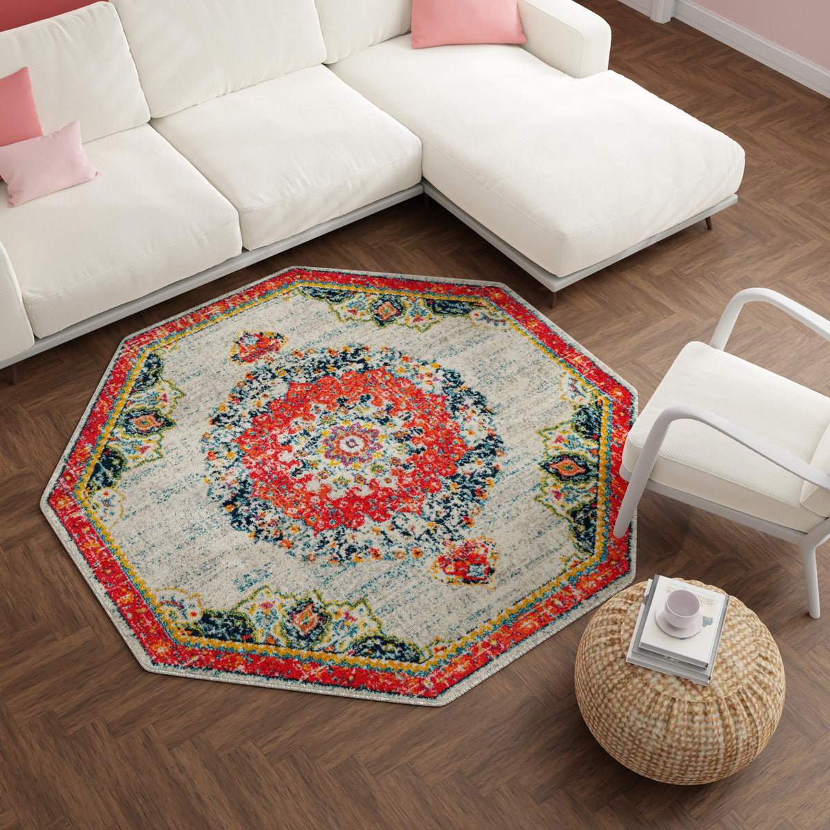Brighton Terrace Collection Area Rug - Hove (Ivory) Octagon Ivory  lifestyle 109