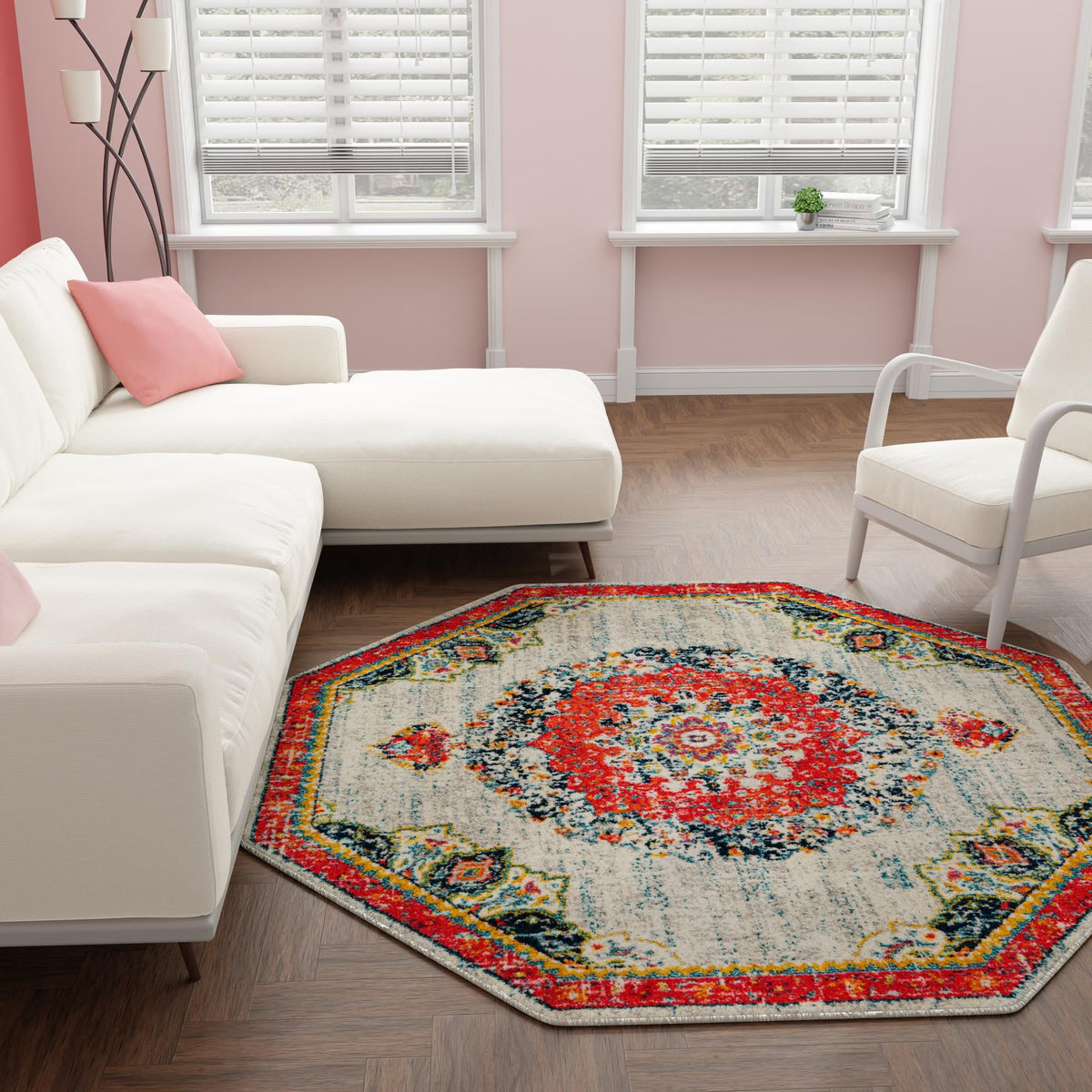 Brighton Terrace Collection Area Rug - Hove (Ivory) Octagon Ivory  lifestyle 111