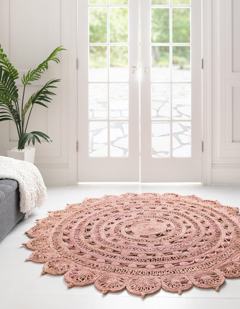 Woven Seaside Jute Collection Area Rug - Coastalhaven (Pink) Round Pink  lifestyle 3