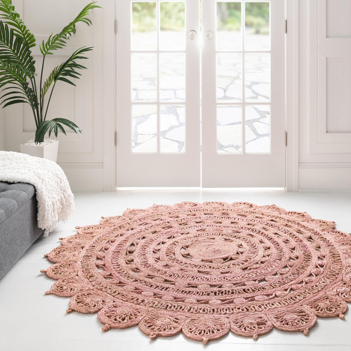 Woven Seaside Jute Collection Area Rug - Coastalhaven (Pink) Round Pink  lifestyle 32