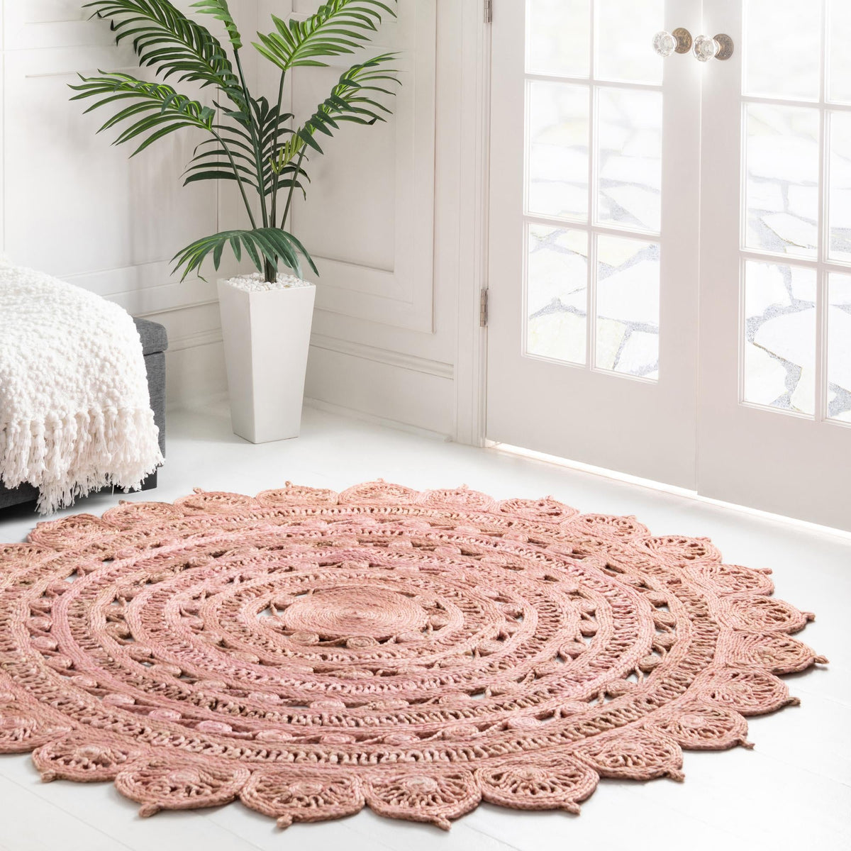 Woven Seaside Jute Collection Area Rug - Coastalhaven (Pink) Round Pink  lifestyle 34
