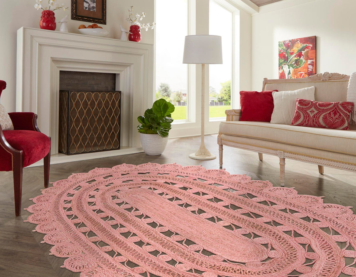 Woven Seaside Jute Collection Area Rug - Coastalhaven (Pink) Oval Pink  lifestyle 10