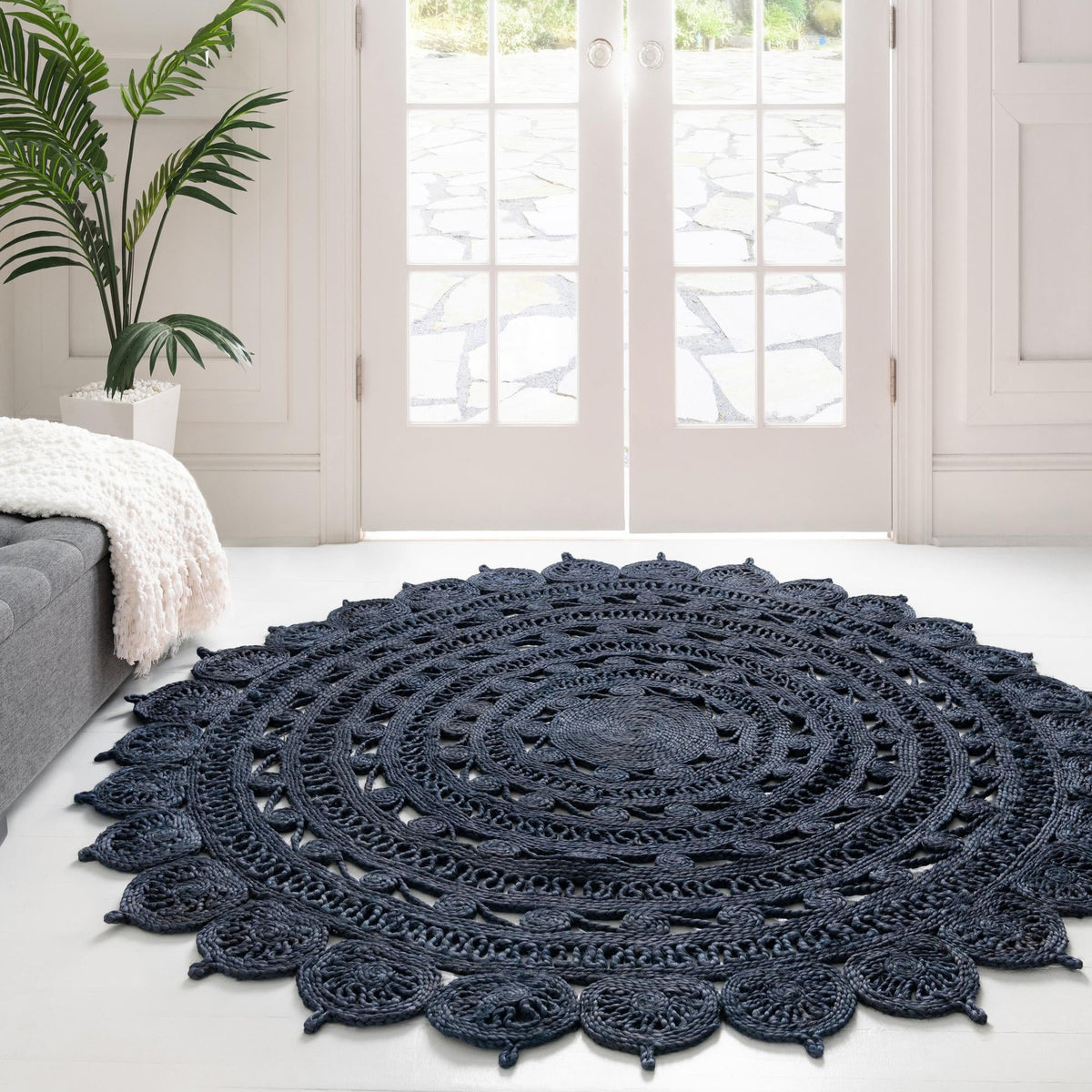 Woven Seaside Jute Collection Area Rug - Coastalhaven (Navy Blue) Round Navy Blue  lifestyle 31