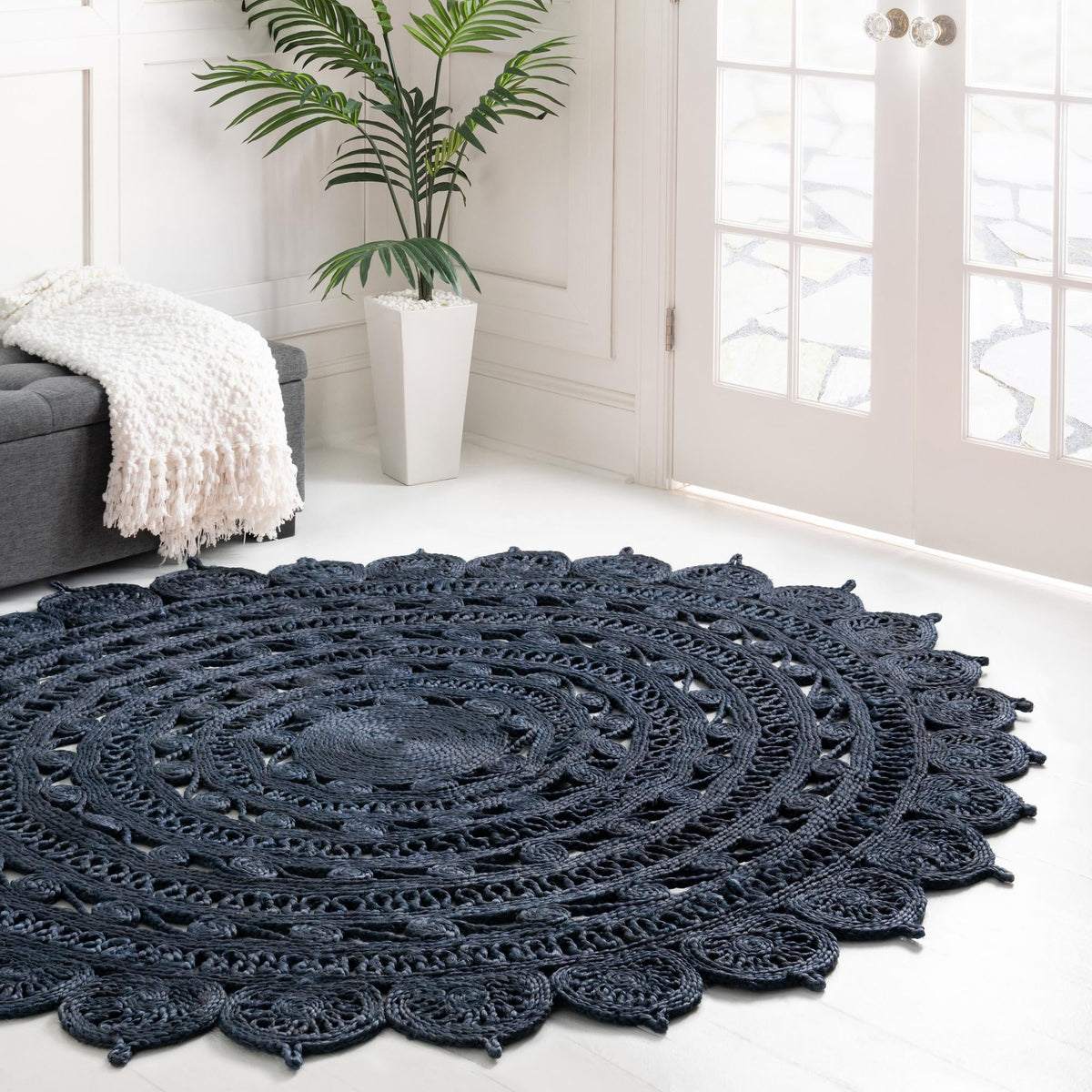 Woven Seaside Jute Collection Area Rug - Coastalhaven (Navy Blue) Round Navy Blue  lifestyle 33