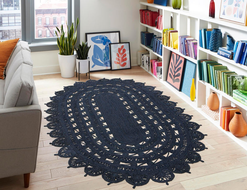 Woven Seaside Jute Collection Area Rug - Coastalhaven (Navy Blue) Oval Navy Blue  lifestyle 8