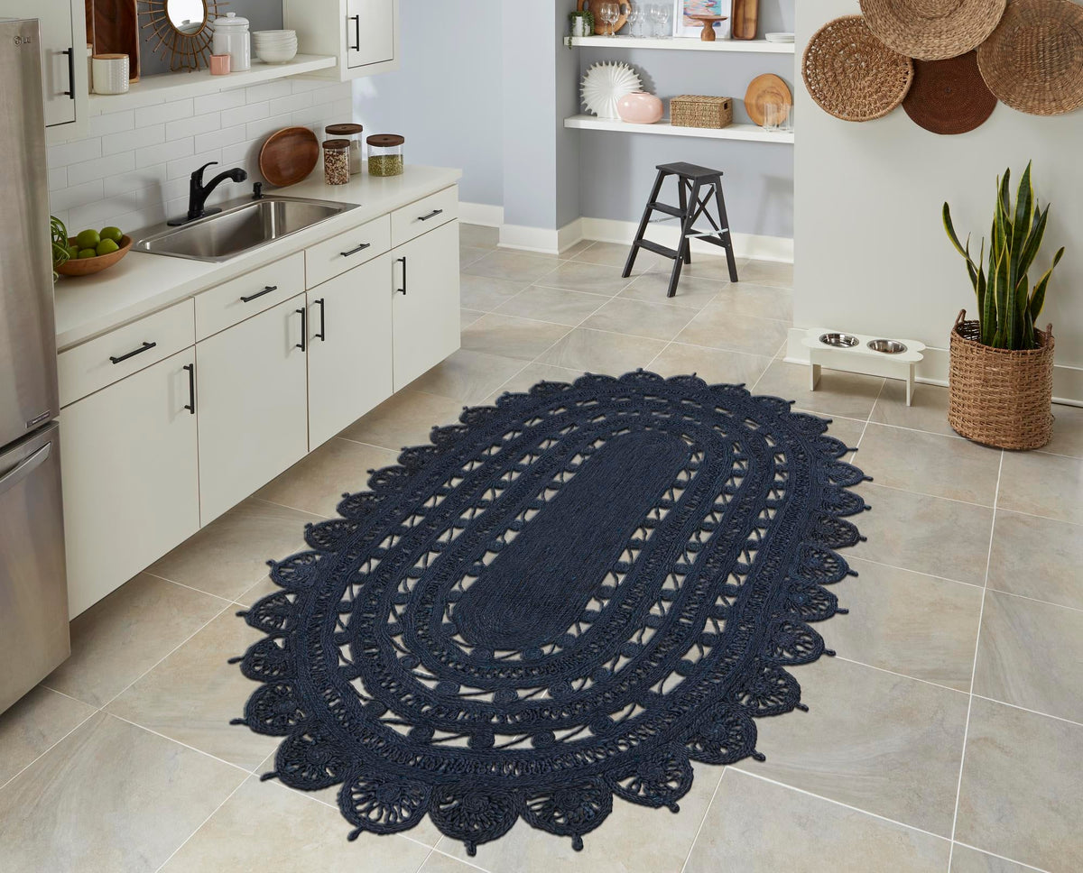 Woven Seaside Jute Collection Area Rug - Coastalhaven (Navy Blue) Oval Navy Blue  lifestyle 10