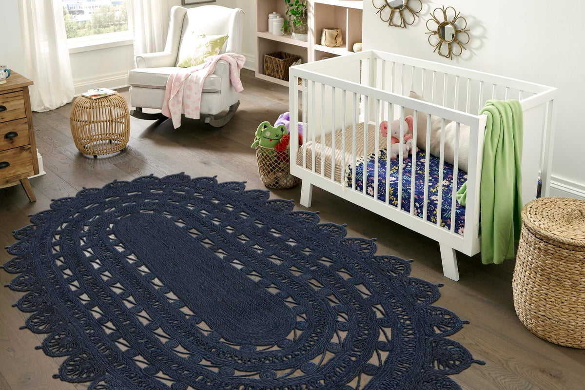 Woven Seaside Jute Collection Area Rug - Coastalhaven (Navy Blue) Oval Navy Blue  lifestyle 12