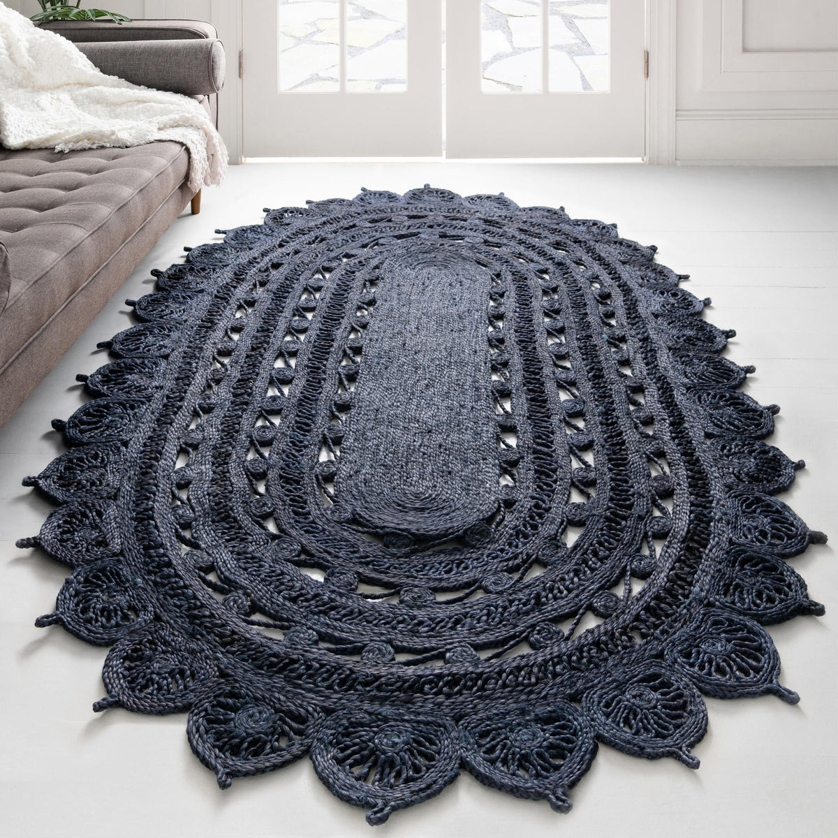 Woven Seaside Jute Collection Area Rug - Coastalhaven (Navy Blue) Oval Navy Blue  lifestyle 32