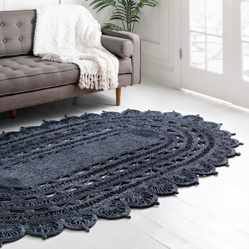 Woven Seaside Jute Collection Area Rug - Coastalhaven (Navy Blue) Oval Navy Blue  lifestyle 34