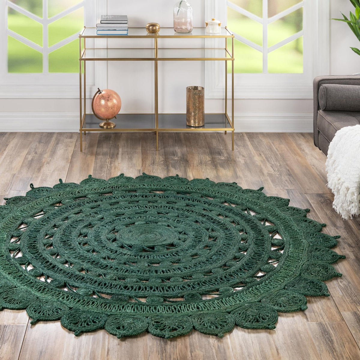 Woven Seaside Jute Collection Area Rug - Coastalhaven (Hunter Green) Round Hunter Green  lifestyle 35
