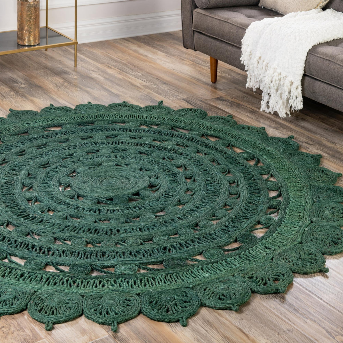 Woven Seaside Jute Collection Area Rug - Coastalhaven (Hunter Green) Round Hunter Green  lifestyle 37