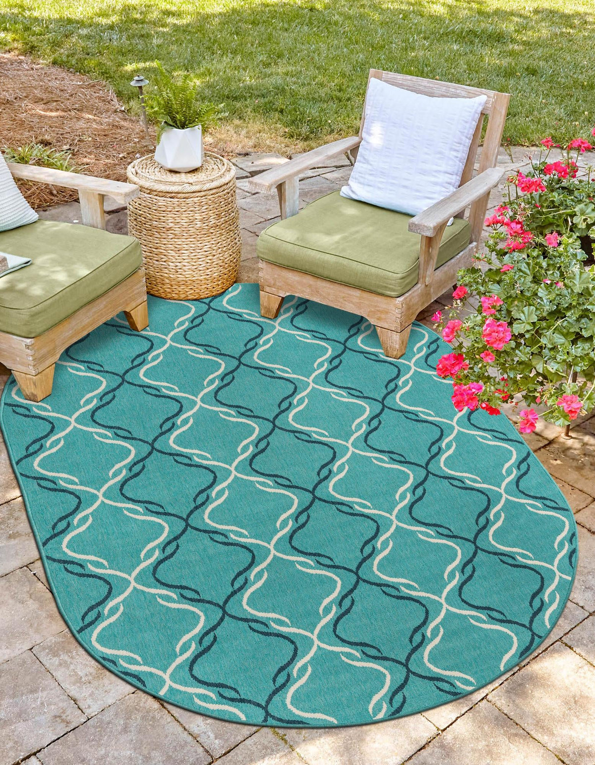 Seaside Lattice Collection Area Rug -  Hastings Oval Teal  lifestyle 74