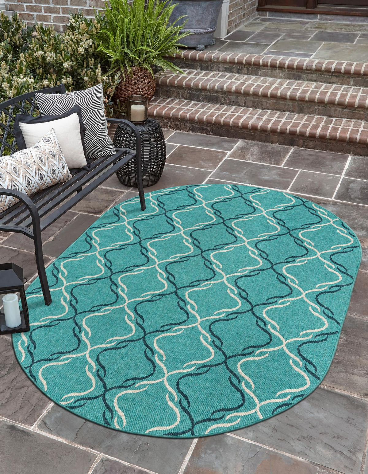 Seaside Lattice Collection Area Rug -  Hastings Oval Teal  lifestyle 90
