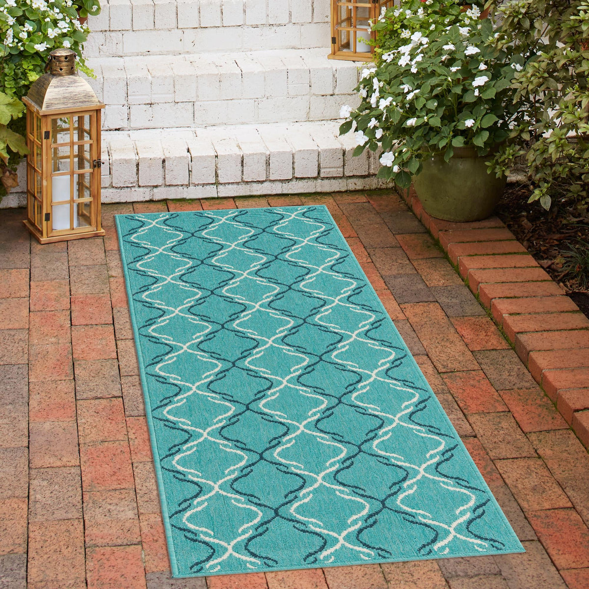 Seaside Lattice Collection Area Rug -  Hastings Runner Teal  lifestyle 155