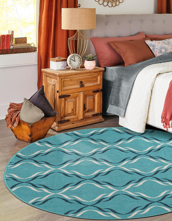 Seaside Lattice Collection Area Rug -  Hastings Round Teal  lifestyle 113