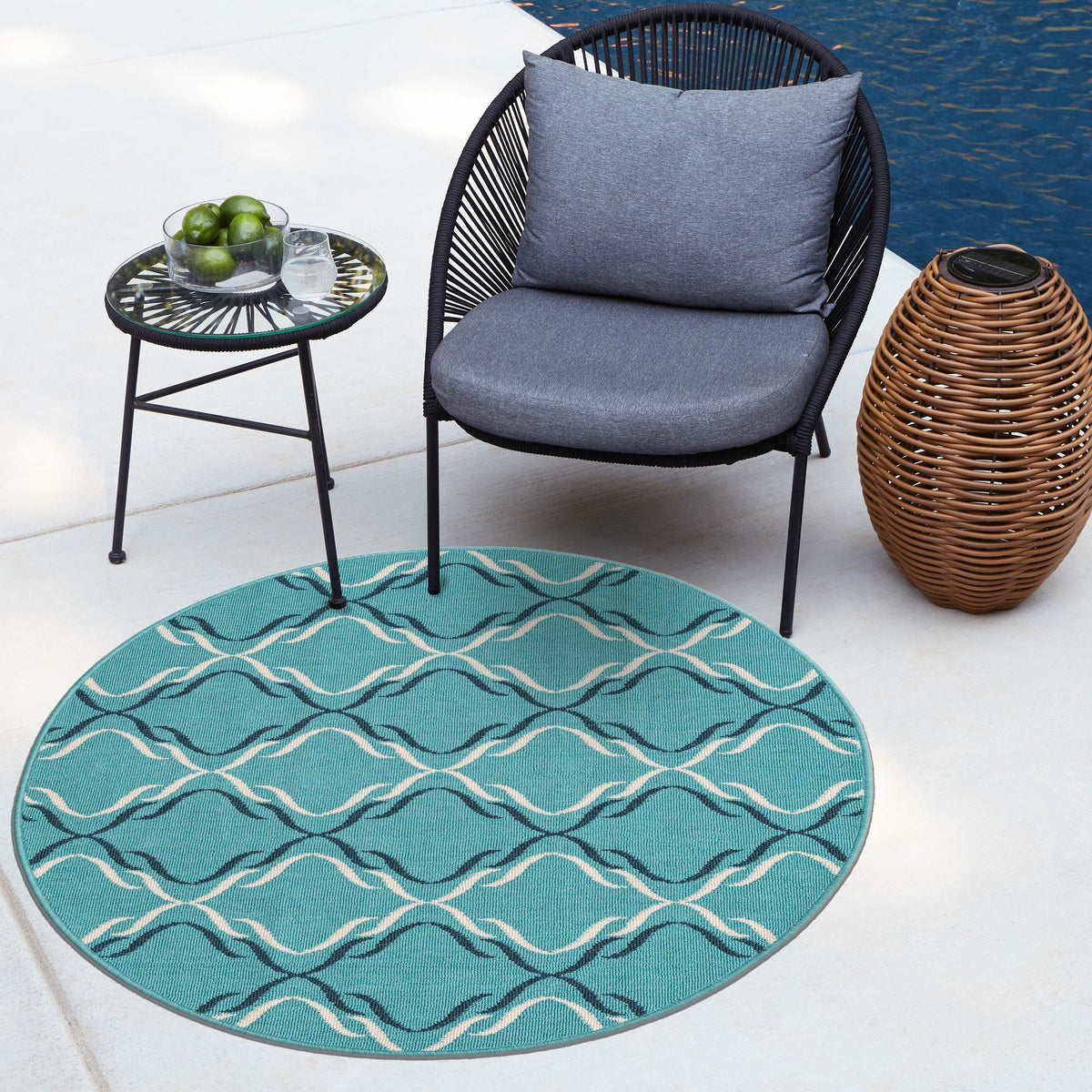 Seaside Lattice Collection Area Rug -  Hastings Round Teal  lifestyle 148