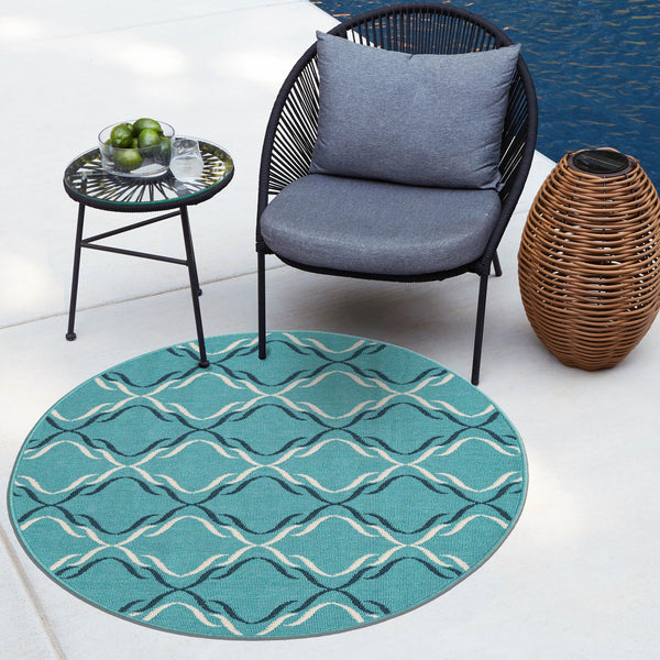 Seaside Lattice Collection Area Rug -  Hastings Round Teal  lifestyle 148