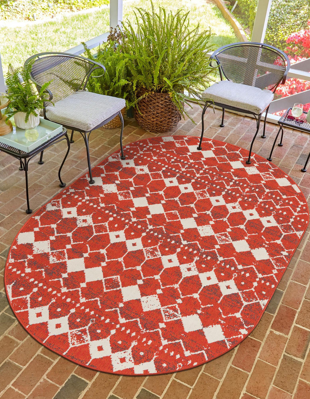 Seaside Lattice Collection Area Rug -  Margate Oval Rust Red  lifestyle 157