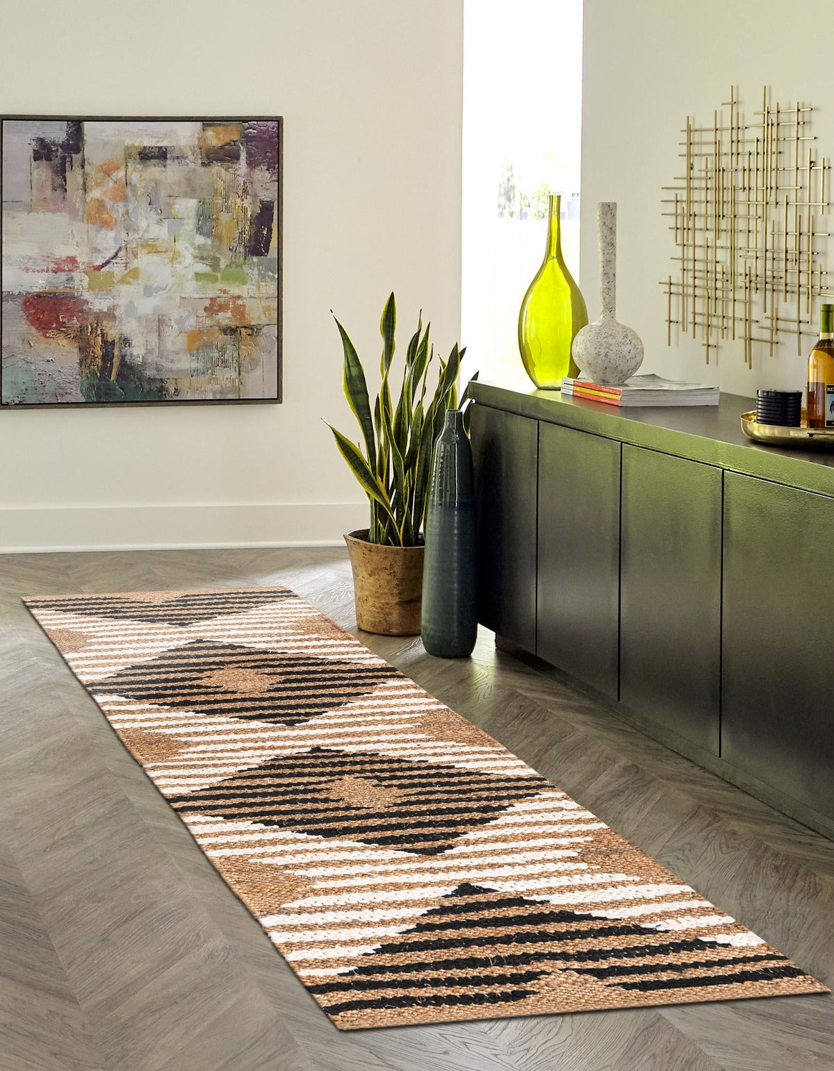 Osian Looms Collection Area Rug - Varanasi Runner Natural Black  lifestyle 33