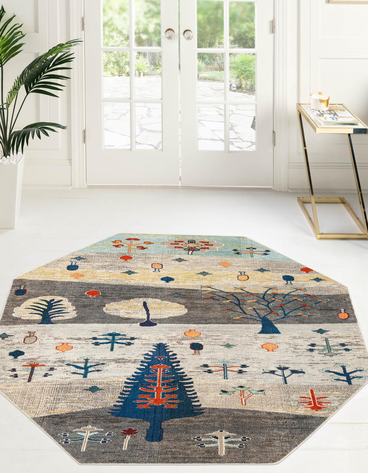 Colorburst Oasis Collection Area Rug -  Mosaic Octagon Ivory Gray Blue  lifestyle 24
