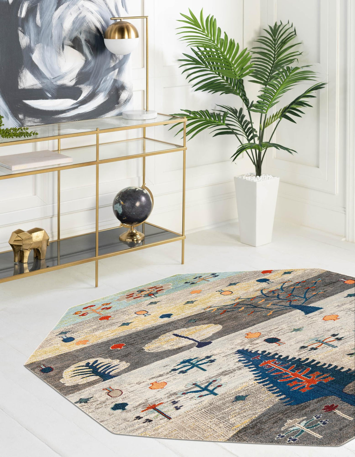 Colorburst Oasis Collection Area Rug -  Mosaic Octagon Ivory Gray Blue  lifestyle 29