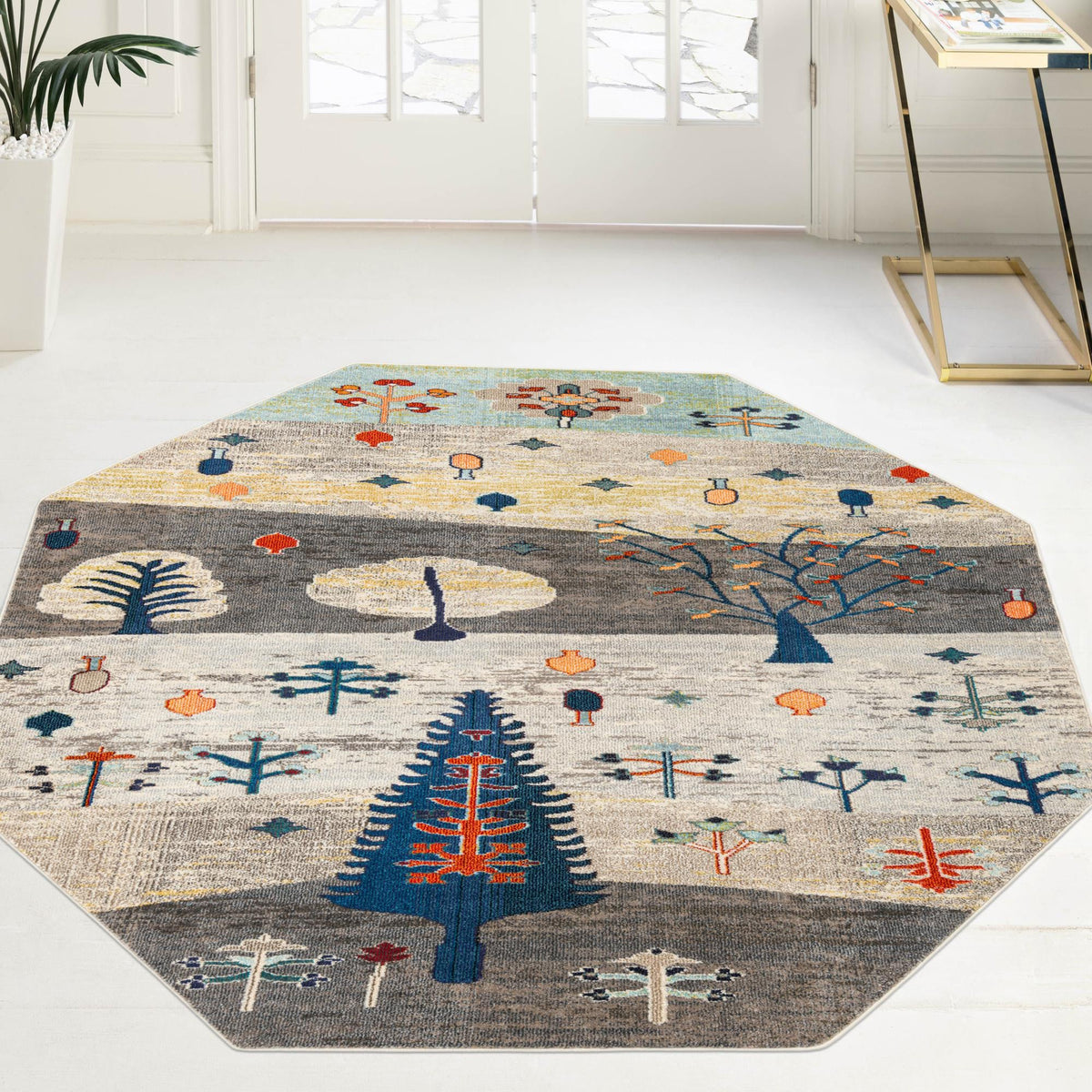 Colorburst Oasis Collection Area Rug -  Mosaic Octagon Ivory Gray Blue  lifestyle 100
