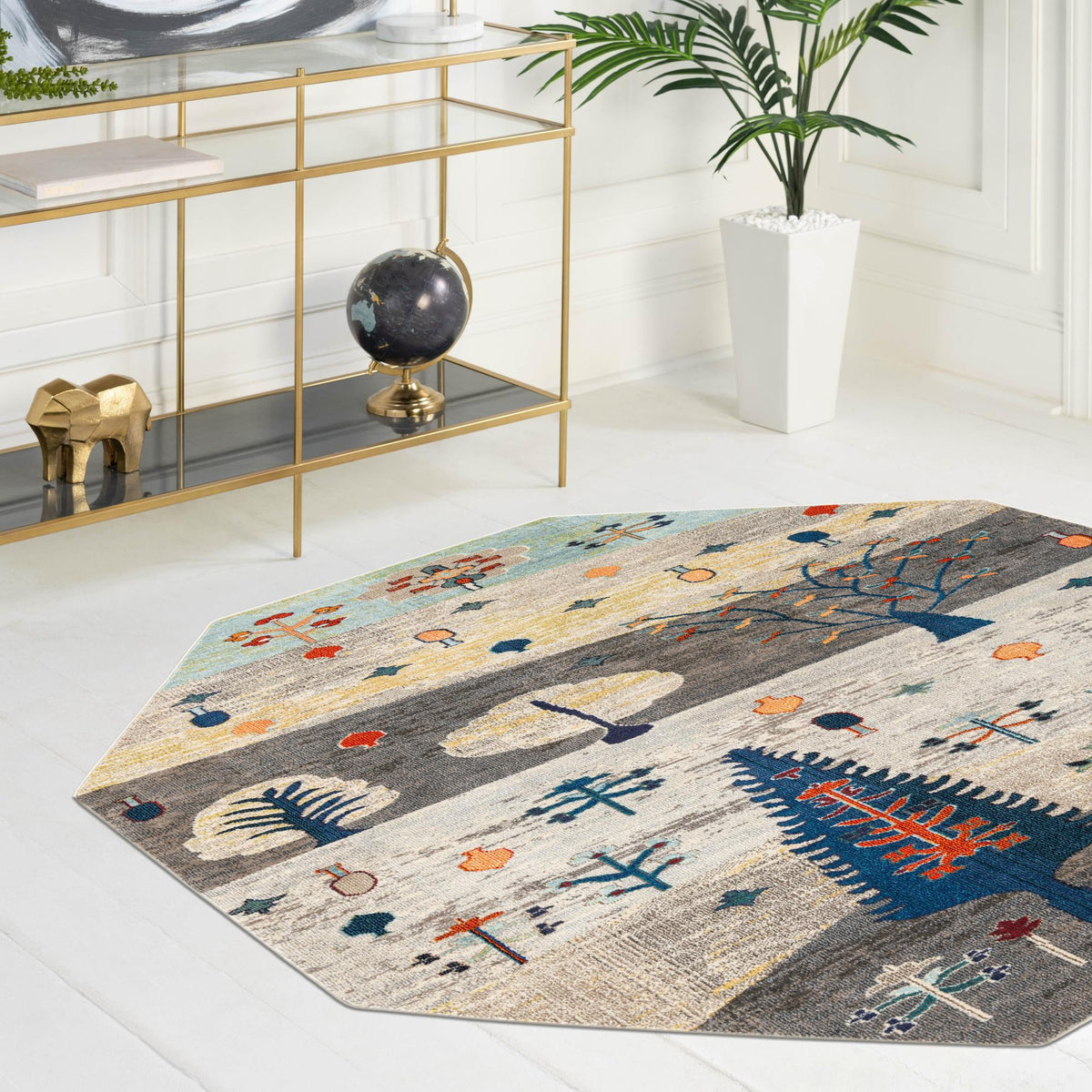 Colorburst Oasis Collection Area Rug -  Mosaic Octagon Ivory Gray Blue  lifestyle 103